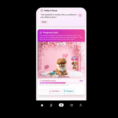 Mobile app interface showing wellness features including Todays Focus motivational quote and Progress Dash with animated pet characters and wellness score tracking