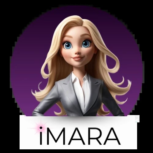 Animated professional woman with blonde wavy hair wearing a gray blazer on purple background, labeled iMARA