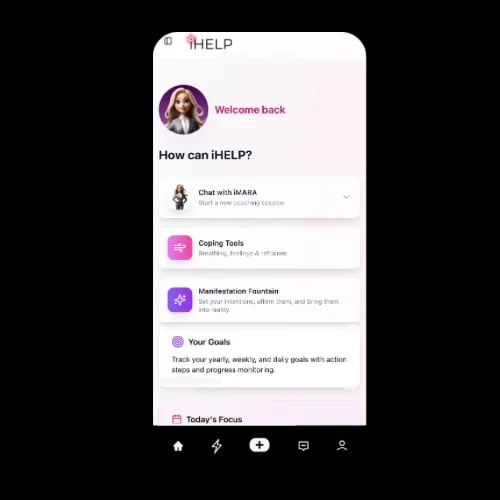 iHELP app welcome screen showing help options including Chat with NARA, Coping Tools, Meditation Fountain, Your Goals, and Todays Focus