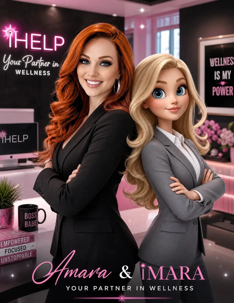 Woman with red hair and animated blonde character posing in modern wellness office setting with motivational signs and pink lighting