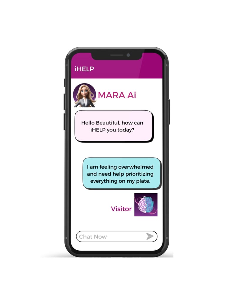 iPhone displaying iHELP app with AI assistant Mara chatting about feeling overwhelmed and needing prioritization help